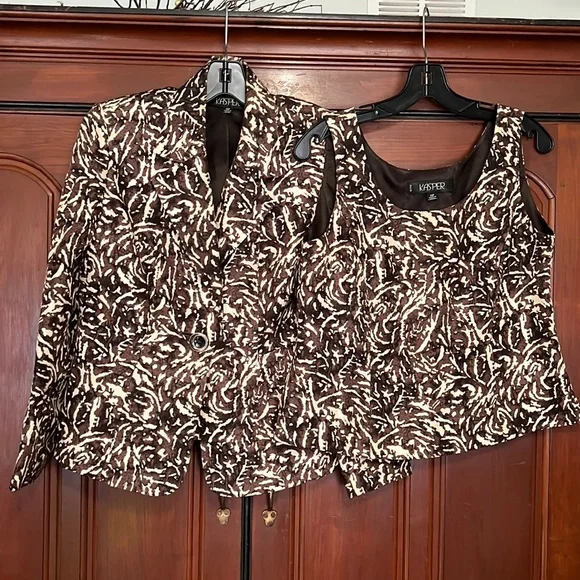 Kasper Vintage 2 Piece Set Blazer And Tank Top Brown & Cream Set 10P - Picture 3 of 14
